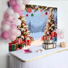 Lofaris Toile de fond de Noël enneigée avec sapins illuminés et cadeaux, magnifique arrière-plan hivernal pour fête et studio photo