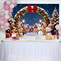 Lofaris Toile de fond de Noël enneigée avec village et bonhomme de neige, décor festif pour studio photo et fête d'hiver