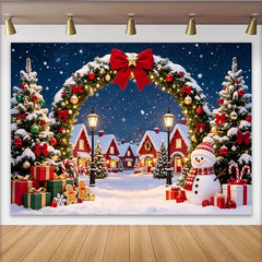 Lofaris Toile de fond de Noël enneigée avec village et bonhomme de neige, décor festif pour studio photo et fête d'hiver