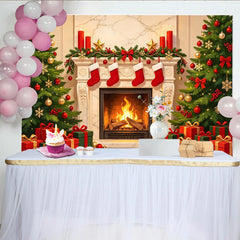 Lofaris Toile de fond de Noël cheminée sapins et cadeaux rouges, magnifique décor festif pour photographie et célébration