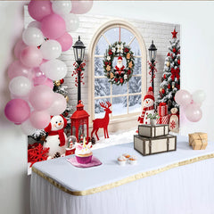 Lofaris Toile de fond de Noël avec fenêtre enneigée et sapins décorés, magnifique arrière-plan hivernal pour studio photo et fête