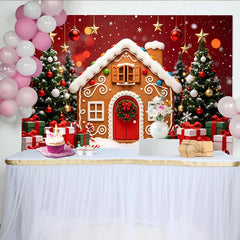 Lofaris Toile de fond de Noël, maison en pain d'épices et sapins décorés, décor festif d'hiver pour studio photo et célébrations