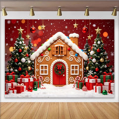 Lofaris Toile de fond de Noël, maison en pain d'épices et sapins décorés, décor festif d'hiver pour studio photo et célébrations