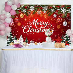 Lofaris Toile de fond de Noël rouge Joyeux Noël avec sapins et ornements, décor festif hivernal pour célébration et photographie