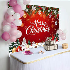 Lofaris Toile de fond de Noël rouge Joyeux Noël avec sapins et ornements, décor festif hivernal pour célébration et photographie