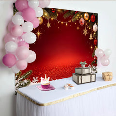 Lofaris Toile de fond de Noël rouge et or avec paillettes et branches de pin, magnifique arrière-plan pour fête d'hiver et studio photo