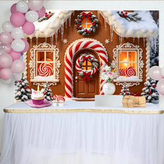 Lofaris Toile de fond de Noël maison en pain d'épices enneigée avec sucres d'orge et couronnes, magnifique décor festif pour l'hiver
