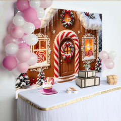 Lofaris Toile de fond de Noël maison en pain d'épices enneigée avec sucres d'orge et couronnes, magnifique décor festif pour l'hiver