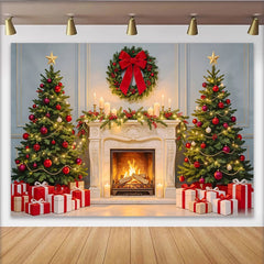 Lofaris Toile de fond de Noël cheminée sapins décorés et cadeaux, arrière-plan de fête hivernale pour studio photo