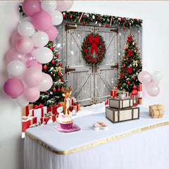 Lofaris Toile de fond de Noël enneigée avec sapins décorés et cadeaux, arrière-plan festif pour studio photo et fête d'hiver
