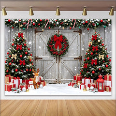 Lofaris Toile de fond de Noël enneigée avec sapins décorés et cadeaux, arrière-plan festif pour studio photo et fête d'hiver