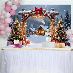 Lofaris Toile de fond de Noël enneigée avec chalets et sapins décorés, décor hivernal féerique pour studio photo et célébrations
