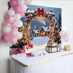 Lofaris Toile de fond de Noël enneigée avec chalets et sapins décorés, décor hivernal féerique pour studio photo et célébrations