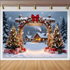Lofaris Toile de fond de Noël enneigée avec chalets et sapins décorés, décor hivernal féerique pour studio photo et célébrations