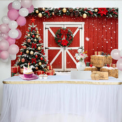 Lofaris Toile de fond de Noël avec sapin enneigé, grange rouge et cadeaux, magnifique arrière-plan de fête d'hiver pour studio photo