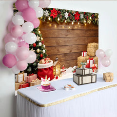 Lofaris Toile de fond de Noël avec sapin décoré et cadeaux sur bois rustique, élégant décor de fête hivernale pour photographie