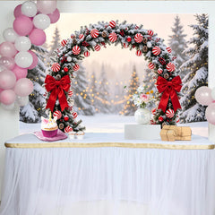 Lofaris Toile de fond de Noël avec arche enneigée et nœuds rouges, magnifique décor d'hiver pour studio photo