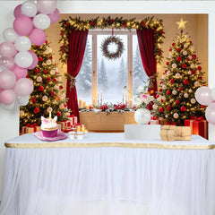 Lofaris Toile de fond de Noël avec sapins décorés et cadeaux, magnifique décor de fête hivernale avec fenêtre enneigée