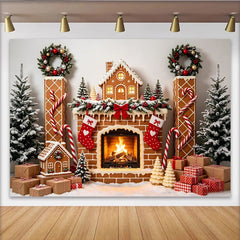 Lofaris Toile de fond de Noël maison en pain d'épices cheminée et sapins enneigés, décor festif pour studio photo et fête