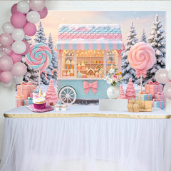 Lofaris Toile de fond de Noël chariot de bonbons pastel et sucettes, décor féerique hivernal avec cadeaux et sapins pour studio
