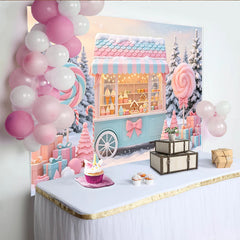Lofaris Toile de fond de Noël chariot de bonbons pastel et sucettes, décor féerique hivernal avec cadeaux et sapins pour studio