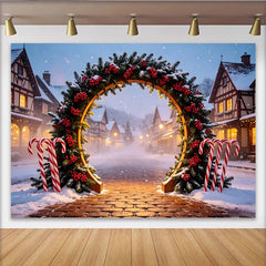 Lofaris Toile de fond de Noël avec arche enneigée, baies rouges et sucres d'orge, magnifique arrière-plan d'hiver pour fête de fin d'année