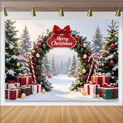 Lofaris Toile de fond de Noël enneigée avec arche et inscription Merry Christmas, magnifique décor de fête avec cadeaux et cannes à sucre