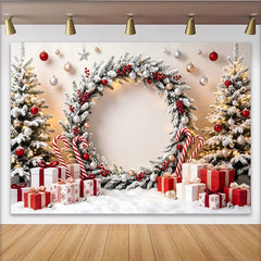 Lofaris Toile de fond de Noël enneigée, couronne festive et cadeaux, arrière-plan hivernal idéal pour photographie de fête