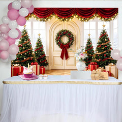 Lofaris Toile de fond de Noël élégante avec sapins décorés, cadeaux et couronne festive, magnifique arrière-plan de fête pour studio photo