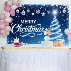 Lofaris Toile de fond de Noël bleue avec sapin lumineux et flocons de neige, arrière-plan pour fête d'hiver et séance photo de famille