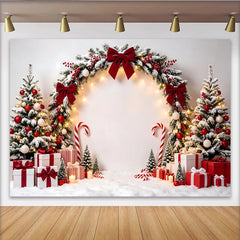 Lofaris Toile de fond de Noël enneigée avec nœuds rouges et baies, magnifique décor festif pour studio photo et fête d'hiver