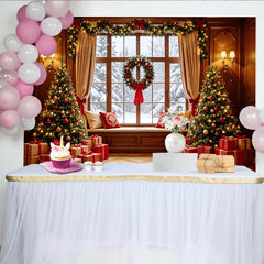 Lofaris Toile de fond de Noël avec fenêtre enneigée et arbres décorés, décor festif pour studio photo et célébrations d'hiver