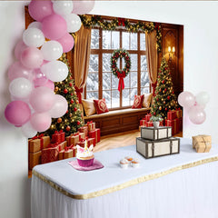 Lofaris Toile de fond de Noël avec fenêtre enneigée et arbres décorés, décor festif pour studio photo et célébrations d'hiver