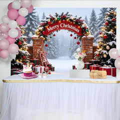 Lofaris Toile de fond de Noël enneigée avec arche décorée, sapins et cadeaux, décor festif pour studio photo et fête d'hiver
