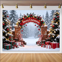 Lofaris Toile de fond de Noël enneigée avec arche décorée, sapins et cadeaux, décor festif pour studio photo et fête d'hiver
