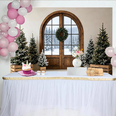 Lofaris Toile de fond de Noël rustique avec sapins enneigés et porte en bois, magnifique décor d'hiver pour studio photo