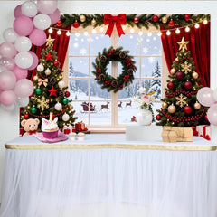 Lofaris Toile de fond de Noël fenêtre enneigée avec sapins et Père Noël, décor festif pour studio photo et fête d'hiver