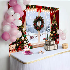 Lofaris Toile de fond de Noël fenêtre enneigée avec sapins et Père Noël, décor festif pour studio photo et fête d'hiver
