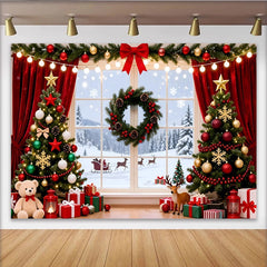 Lofaris Toile de fond de Noël fenêtre enneigée avec sapins et Père Noël, décor festif pour studio photo et fête d'hiver