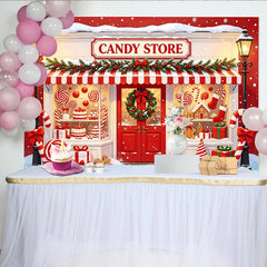Lofaris Toile de fond de Noël festive avec magasin de bonbons et neige, magnifique arrière-plan rouge avec pains d'épices et cadeaux pour fête