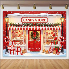 Lofaris Toile de fond de Noël festive avec magasin de bonbons et neige, magnifique arrière-plan rouge avec pains d'épices et cadeaux pour fête