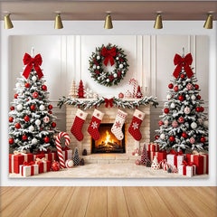 Lofaris Toile de fond de Noël avec sapins enneigés, cheminée et cadeaux, décor festif rouge et blanc pour photographie d'hiver
