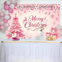 Lofaris Toile de fond de Noël rose Joyeux Noël avec sapin et cadeaux, magnifique décor festif avec flocons de neige pour studio photo