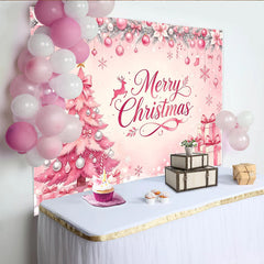 Lofaris Toile de fond de Noël rose Joyeux Noël avec sapin et cadeaux, magnifique décor festif avec flocons de neige pour studio photo