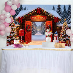 Lofaris Toile de fond de Noël Pôle Nord avec sapins enneigés et cadeaux, arrière-plan de cabane en bois pour fêtes d'hiver