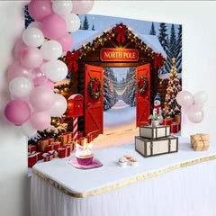 Lofaris Toile de fond de Noël Pôle Nord avec sapins enneigés et cadeaux, arrière-plan de cabane en bois pour fêtes d'hiver