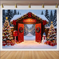 Lofaris Toile de fond de Noël Pôle Nord avec sapins enneigés et cadeaux, arrière-plan de cabane en bois pour fêtes d'hiver