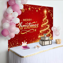Lofaris Toile de fond de Noël rouge et or avec sapin lumineux et texte Joyeux Noël, décor festif pour célébration et photographie