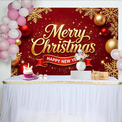 Lofaris Toile de fond rouge et or joyeux Noël et bonne année avec flocons et boules, magnifique décor festif pour célébration et séance photo