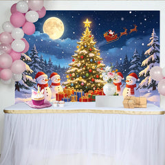 Lofaris Toile de fond de Noël avec arbre illuminé, bonhommes de neige et cadeaux, arrière-plan féerique pour célébrations hivernales